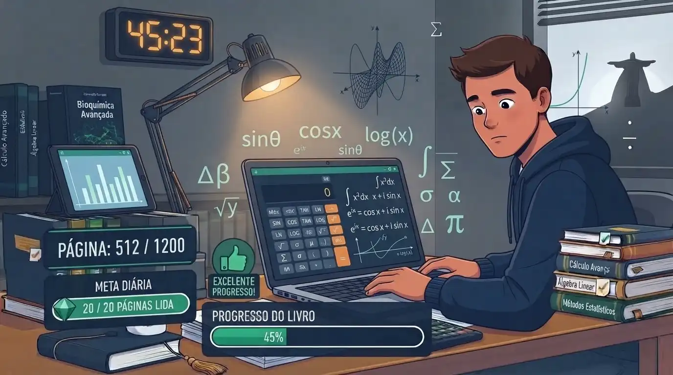 Cálculos matemáticos complexos e equações sendo resolvidos virtualmente