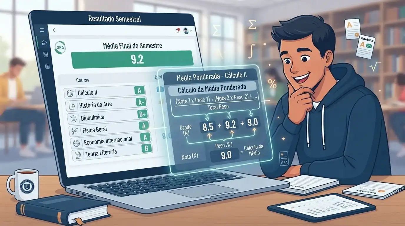 Calculadora exibindo cálculo de notas e média ponderada escolar
