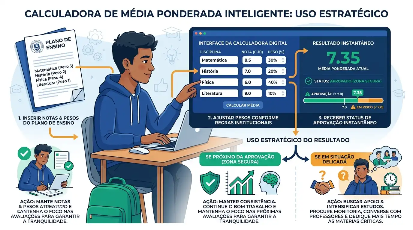 Utilizando nossa calculadora acadêmica grátis de notas e pesos
