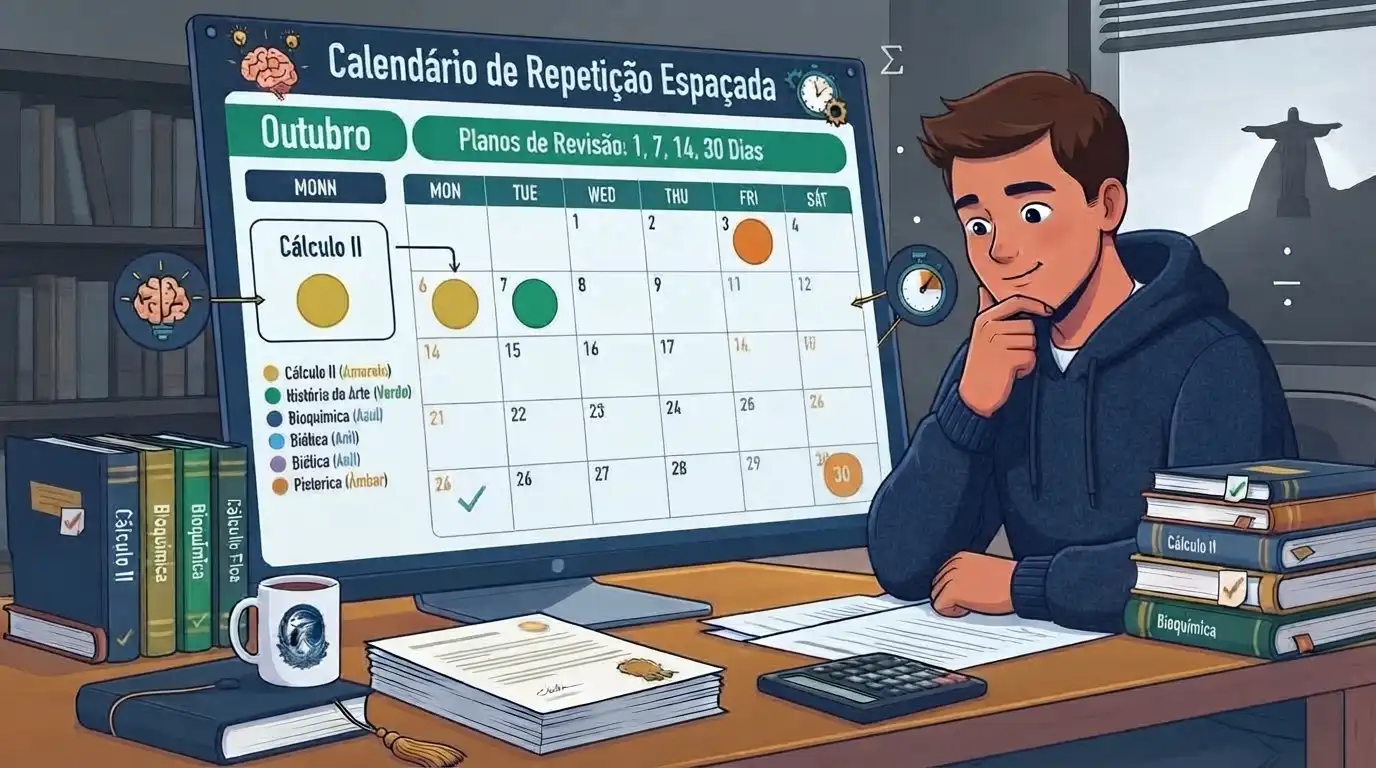 Calendário de estudos demonstrando dias programados para revisão espaçada