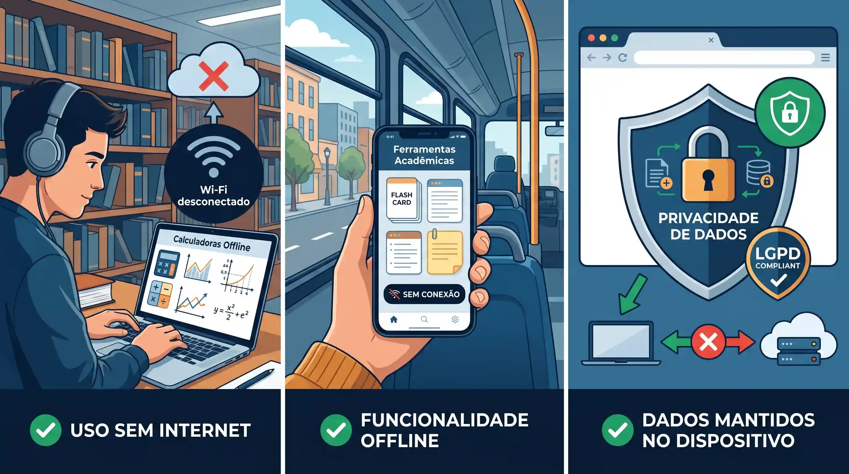 Ícones de segurança e privacidade destacando o funcionamento offline das ferramentas