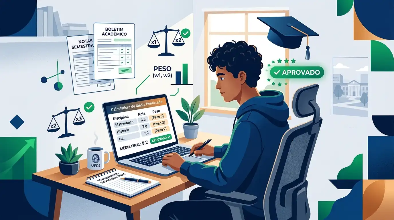 Estudante utilizando a calculadora de média ponderada para faculdade